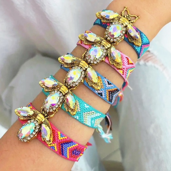 Bohemian Boho Vintage Adjustable Rhinestone Bee Charm Bracelet Braided Tassels - Picture 2 of 4